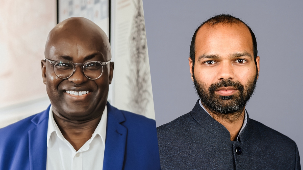 Joint portraits of Holberg Laureate Achille Mbembe and Nils Klim Laureate Siddharth Sareen.